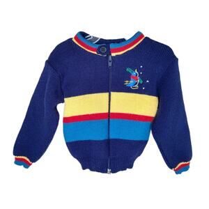 Vintage 80's Blue Baby Sweater size 18 Months Embroidered Penguin Zip up